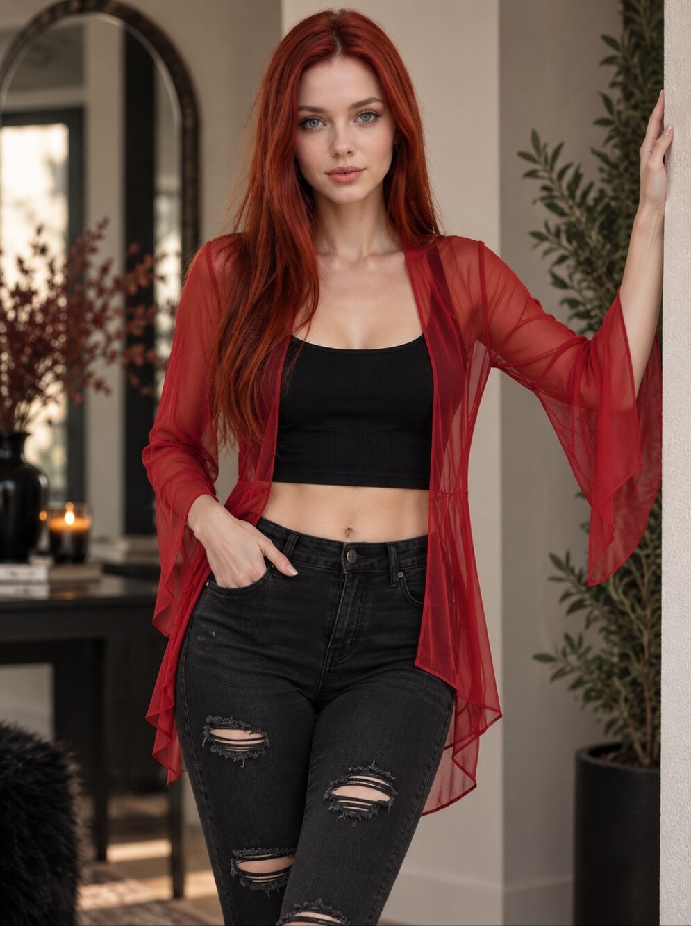 Sterling Styles Red Sheer Open Front Topper One Size Blood Red Mesh